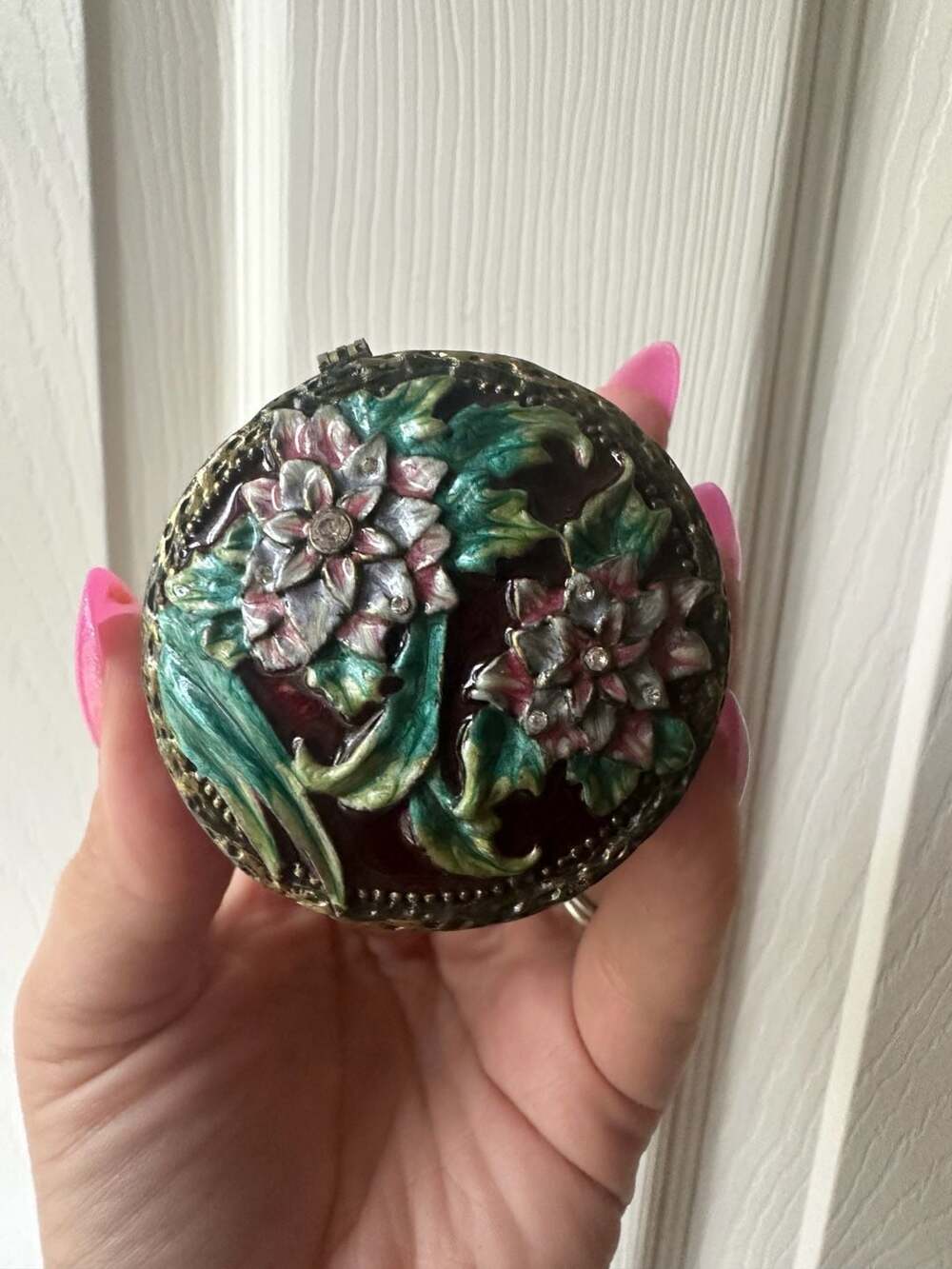 Vintage Floral Enamel Trinket Box with Rhinestone Accents